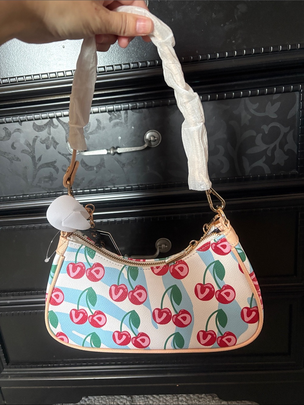 Von Dutch White Mini Shoulder Bag with Pink Cherry Print and Gold Hardware - Picture 2 of 11